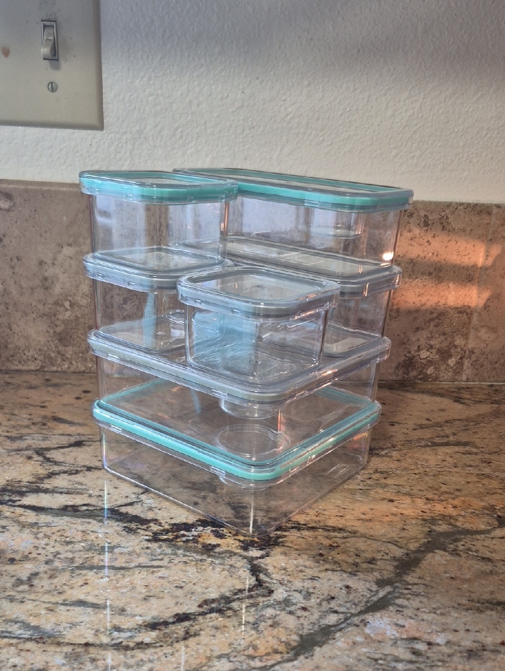 Clear Stackable Food Storage Containers with Teal Lids. As Is